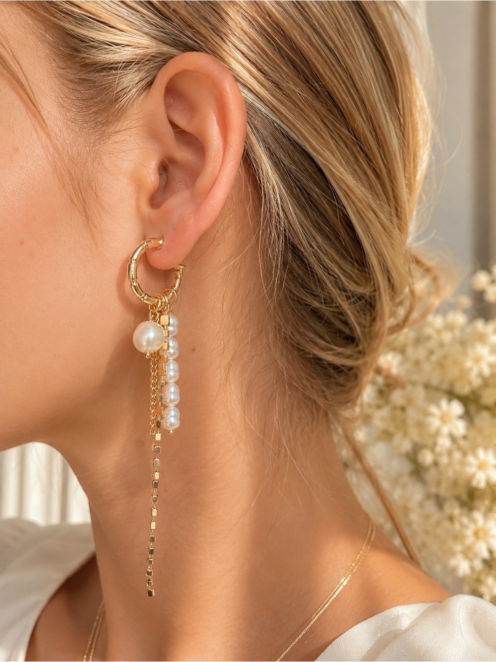 Gold Pearl Drop Hoop Earrings - Women Jewelry